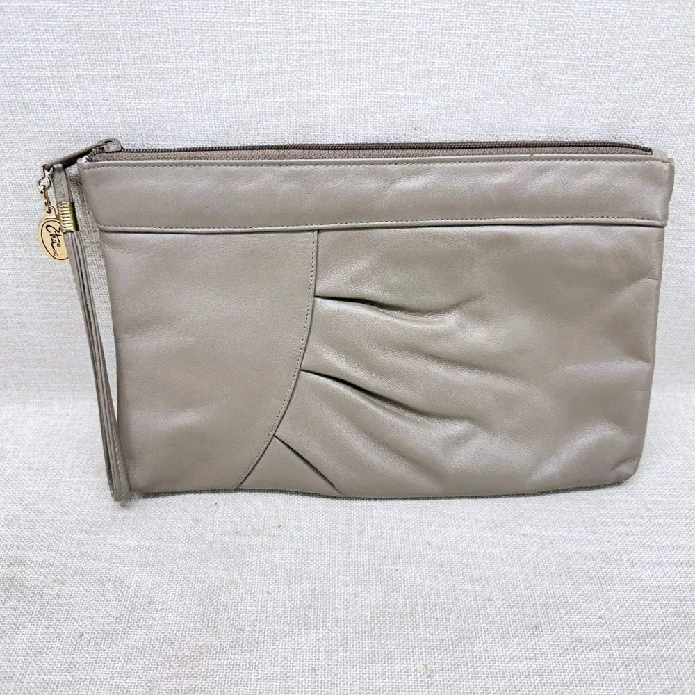 Etra Vintage Taupe Gray Genuine Leather Pleated Wristlet Clutch Bag